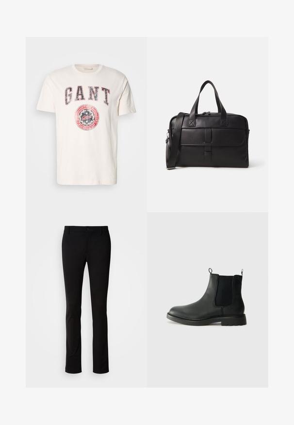 Musta kaksirivinen meriviitta, joka on valmistettu villasta. Siinä on viisto kaulus, isot napit ja käärityt hihansuut. Sen pinta on sileä ja se on muotoiltu istuvaksi.; Vaaleanharmaa pitkähihaisen pyöreäkauluksen neulepaita, jossa on raidoitettu kaulus, hihansuut ja helma, asetettuna tasaisesti valkoiselle taustalle.; Kreemivärvi puuvillane T-särk lühikeste varrukatega. Siseldusega julge punane ja sinine "GANT" tekst ning ringikujuline logograafika, millel on kirjas "asutatud 1949".; Mustat housut, jotka on valmistettu sileästä kankaasta, mukana napin sulkeminen, vyölenkit ja suora lahje design. Ei näkyviä kuvioita tai yksityiskohtia.; Mustat nahkaiset Chelsea-saappaat, joissa on joustavat sivupaneelit, vetolenkit, pyöristetyt varpaat ja teksturoitu kumipohja. Sileä pinta ja kestävä muotoilu.; Musta nahkainen viikonloppulaukku, jossa on kaksinkertaiset kahvat, säädettävä olkahihna, vetoketjut ja suorakulmainen muoto, jossa on tasainen pinta.