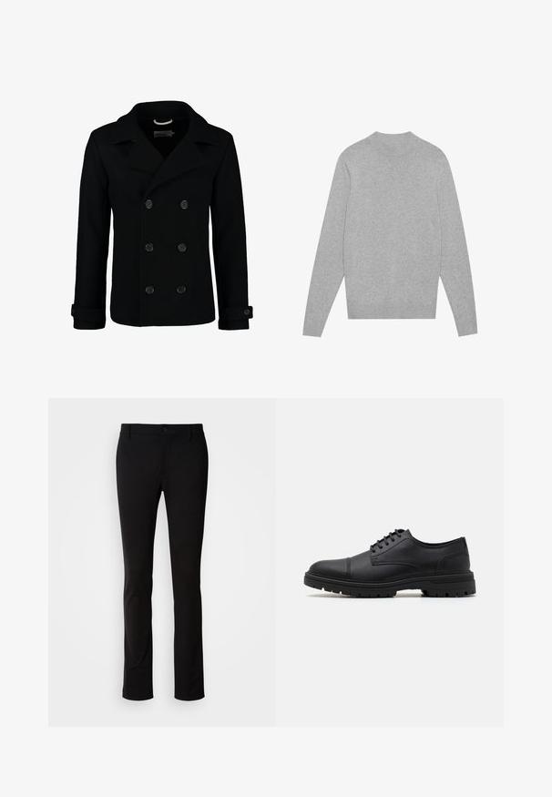 Must kasvut ja materjalist villane must kahekordse nööbiga peacoat, millel on lõigatud krae, suured nööbid ja keeratud varrukad. Sile tekstuur ja istuvus.; Heled hall sweater pikkade varrukatega ja ümarate kaelustega, ribadest krae, varrukaotsad ja alumine äär, asetatud tasasele valgele taustale.; Mustadest siledast kangast püksidest, mis on varustatud nööpkinni ja vöörihmadega, otse säärtega kujunduses. Ilma nähtavate mustrite ja aktsentideta.; Mustast nahast sidumisjalanõud ümarate varvastega, tekstuursete külgedega ja paksu kummitaldaga, millel on mustrid haardeks.