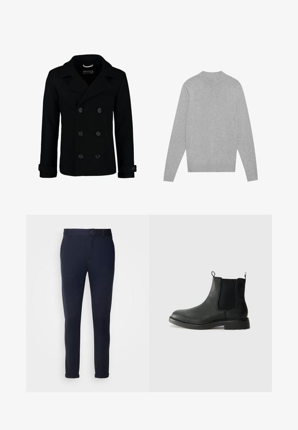 Černý dvouvrstvý peeling z vlny, s klopovým límcem, velkými knoflíky a ohrnutými manžetami. Hladký materiál s přizpůsobeným střihem.; Světle šedý dlouhý rukávový svetr s kulatým výstřihem, s žebrovaným lemem u krku, zápěstí a spodního okraje, položený na bílé pozadí.; Námořnické modré kalhoty vyrobené z měkké tkaniny, se zapínáním na knoflík, poutky na pásek a ohrnutými manžetami. Hladká textura s dobře ušitým designem.; Černé kožené chelsea boty s elastickými bočními panely, poutky na patě, kulatou špičkou a strukturovanou gumovou podrážkou. Hladký povrch a robustní design.