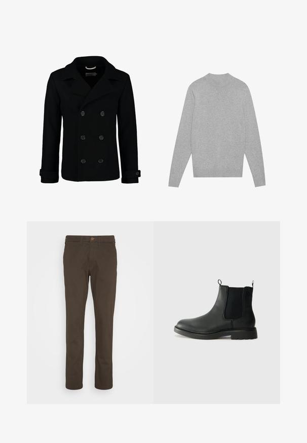 Manteau marin noir croisé en laine, avec un col à cranter, de grands boutons et des poignets retroussés. Texture lisse avec une coupe cintrée.; Pull en jersey à manches longues gris clair avec col, poignets et ourlet côtelés, posé à plat sur un fond blanc.; Chinos en coton marron avec un design à jambe droite, fermeture à boutons à l'avant et poches. Texture lisse, couture minimale visible.; Bottines Chelsea en cuir noir avec des panneaux élastiques sur les côtés, des languettes de tirage, un bout arrondi et une semelle en caoutchouc texturée. Surface lisse et design robuste.