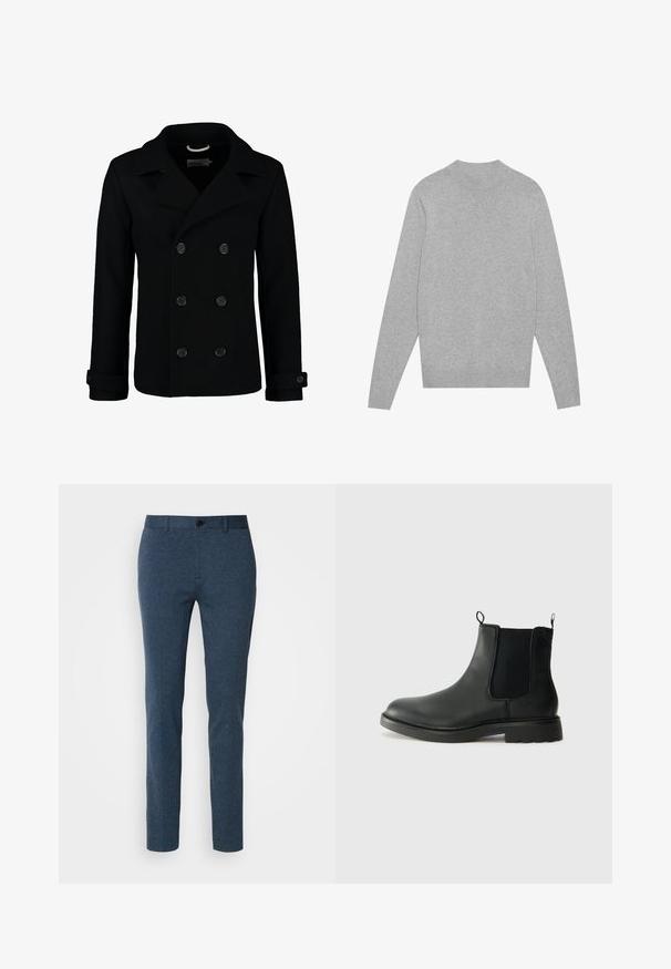Black double-breasted peacoat made of wool, featuring a notched collar, large buttons, and rolled cuffs. Smooth texture with a tailored fit.; Light grey long-sleeve crewneck sweater with ribbed collar, cuffs, and hem, laid flat on a white background.; Dark blue, tailored trousers made of textured fabric. Features a front button closure and a slim fit. Plain design with no visible patterns.; Black leather chelsea boots with elastic side panels, pull tabs, rounded toe, and textured rubber sole. Smooth surface and sturdy design.