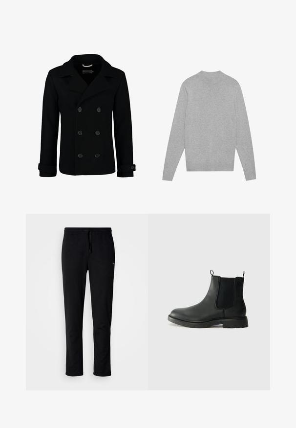 Cappotto doppiopetto nero realizzato in lana, con colletto a revers, grandi bottoni e polsini arrotolati. Texture liscia con una vestibilità sartoriale.; Maglione grigio chiaro a maniche lunghe con scollatura rotonda, colletto, polsini e bordo a costine, posato su uno sfondo bianco.; Pantaloni della tuta neri realizzati in tessuto morbido, con una vita elastica dotata di coulisse e un design slim fit. Nessun motivo o accento visibile.; Stivali Chelsea in pelle nera con pannelli laterali elasticizzati, linguette, punta arrotondata e suola in gomma testurizzata. Superficie liscia e design robusto.