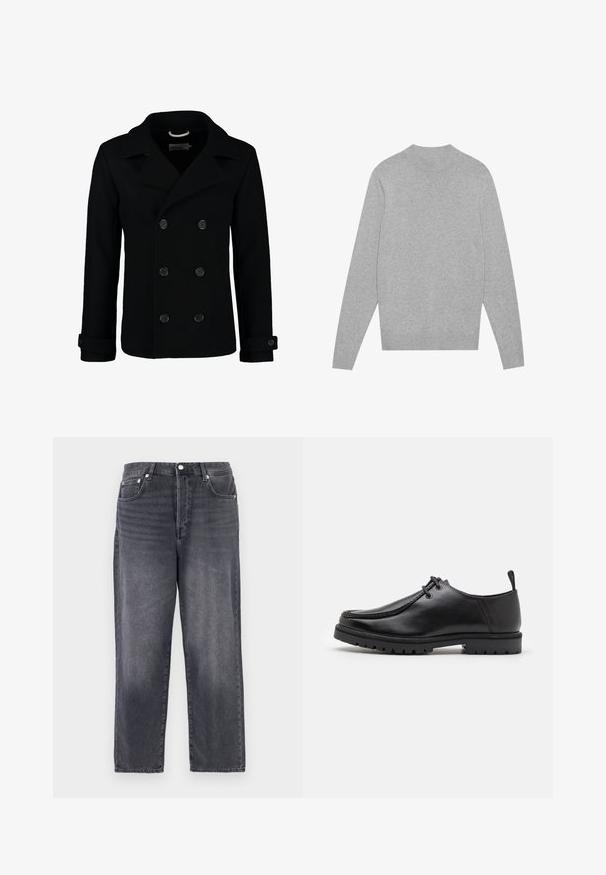 Manteau marin noir croisé en laine, avec un col à cranter, de grands boutons et des poignets retroussés. Texture lisse avec une coupe cintrée.; Pull en jersey à manches longues gris clair avec col, poignets et ourlet côtelés, posé à plat sur un fond blanc.; Jeans en denim gris foncé avec une coupe droite, cinq poches et des éléments en métal. Le tissu a une texture subtile et des accents délavés.; Chaussure en cuir noir à lacets avec une semelle robuste et une languette au talon, montrée de côté sur un fond blanc.