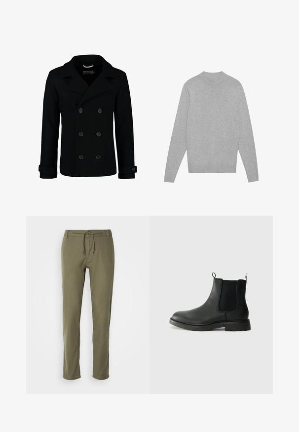 Musta kaksirivinen meriviitta, joka on valmistettu villasta. Siinä on viisto kaulus, isot napit ja käärityt hihansuut. Sen pinta on sileä ja se on muotoiltu istuvaksi.; Vaaleanharmaa pitkähihaisen pyöreäkauluksen neulepaita, jossa on raidoitettu kaulus, hihansuut ja helma, asetettuna tasaisesti valkoiselle taustalle.; Keplä vihreät, kevyet housut suoraan leikkuuna, säädettävällä nyöri vyötäröllä ja hienovaraisella tekstuurikankaalla. Taskuja ei ole näkyvissä.; Mustat nahkaiset Chelsea-saappaat, joissa on joustavat sivupaneelit, vetolenkit, pyöristetyt varpaat ja teksturoitu kumipohja. Sileä pinta ja kestävä muotoilu.