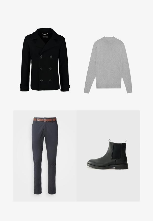 Zwarte dubbelbreasted peacoat van wol, met een notch-kraag, grote knopen en oprolbare mouwen. Glad textuur met een getailleerde pasvorm.; Lichtgrijze langarm crewneck sweater met ribbelkraag, manchetten en zoom, plat gelegd op een witte achtergrond.; Marineblauwe broeken met een slanke pasvorm, gemaakt van een katoenmix, met een bruine leren riem en subtiele details op de voorzakken.; Zwarte leren chelsea boots met elastische zijpanelen, trekflappen, ronde neus en een gegoten rubberen zool. Gladde oppervlakte en stevige constructie.