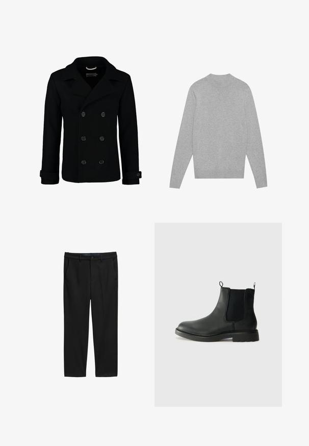 Musta kaksirivinen meriviitta, joka on valmistettu villasta. Siinä on viisto kaulus, isot napit ja käärityt hihansuut. Sen pinta on sileä ja se on muotoiltu istuvaksi.; Vaaleanharmaa pitkähihaisen pyöreäkauluksen neulepaita, jossa on raidoitettu kaulus, hihansuut ja helma, asetettuna tasaisesti valkoiselle taustalle.; Mustat suorat housut, valmistettu teksturoidusta kankaasta. Varustettu kahdella etutaskulla ja nappikiinnityksellä vyötäröllä.; Mustat nahkaiset Chelsea-saappaat, joissa on joustavat sivupaneelit, vetolenkit, pyöristetyt varpaat ja teksturoitu kumipohja. Sileä pinta ja kestävä muotoilu.