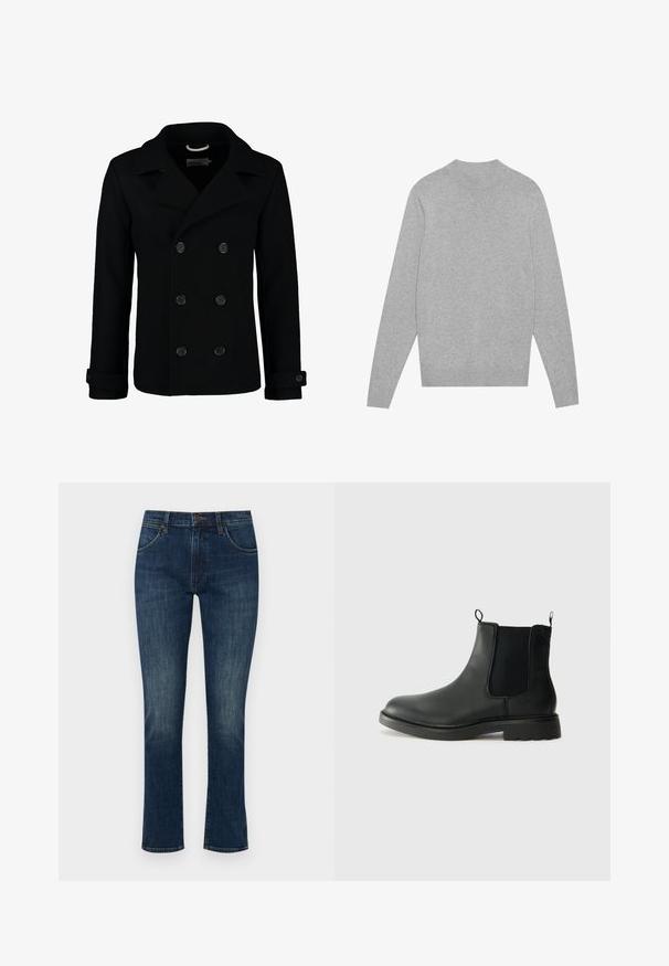 Fekete, dupla soros gyapjú peacoat, amelyet egy bemetszett gallér, nagy gombok és felgöngyölt mandzsetta jellemez. Sima textúra és testreszabott szabás.; Világosszürke, hosszú ujjú, kerek nyakú pulóver bordás gallérral, mandzsettával és alsó szegéllyel, fehér háttérre fektetve.; Sötétkék farmernadrág, slim fit szabással és egyenes lábakkal. Öt zsebbel és gombos záródással rendelkezik. A comboknál enyhe kopás látható.; Fekete bőrből készült chelsea csizma, elasztikus oldalsó panelekkel, húzófülekkel, lekerekített orral és struktúrált gumitalppal. Simább felszín és masszív kialakítás.