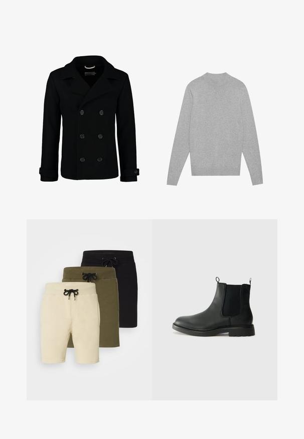 Černý dvouvrstvý peeling z vlny, s klopovým límcem, velkými knoflíky a ohrnutými manžetami. Hladký materiál s přizpůsobeným střihem.; Světle šedý dlouhý rukávový svetr s kulatým výstřihem, s žebrovaným lemem u krku, zápěstí a spodního okraje, položený na bílé pozadí.; Tři páry šortek v béžové, olivově zelené a černé barvě. Každé mají stahovací pas a kapsy, vyrobené z měkké, elastické látky.; Černé kožené chelsea boty s elastickými bočními panely, poutky na patě, kulatou špičkou a strukturovanou gumovou podrážkou. Hladký povrch a robustní design.