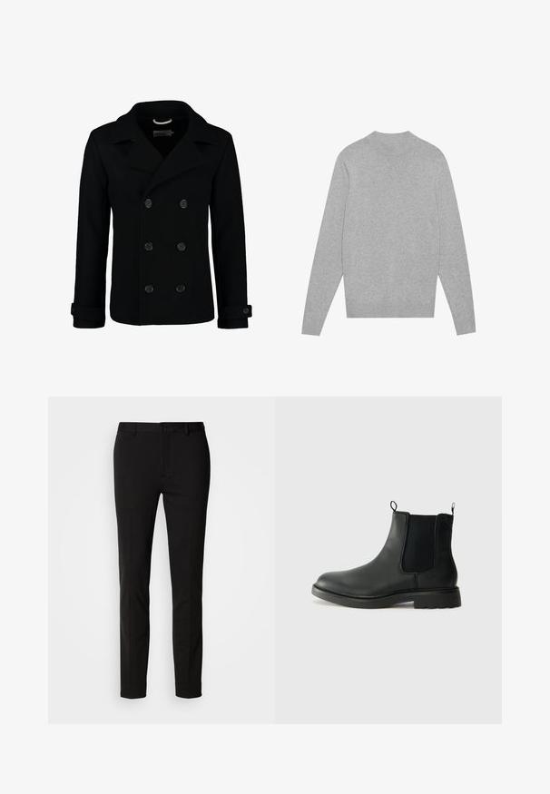 Črn dvoredni peacoat iz volne, ki ima izrezan ovratnik, velike gumbe in zavihane manšete. Gladka tekstura s krojenim prileganjem.; Svetlo sivo dolgi rokavi pulover s krožnim izrezom, z rebrastim ovratnikom, manšetami in robom, položen na beli podlagi.; Črne hlače z ožjim krojem, ki imajo gumbasto zapiranje in cevi za pas. Narejene so iz gladkega blaga z rahlim sijajem, brez vidnih vzorcev.; Črne usnjene čelija škornji z elastičnimi stranskimi paneli, zanka za poteg in zaobljenim nosom ter teksturiranim gumijastim podplatom. Gladka površina in trdna zasnova.