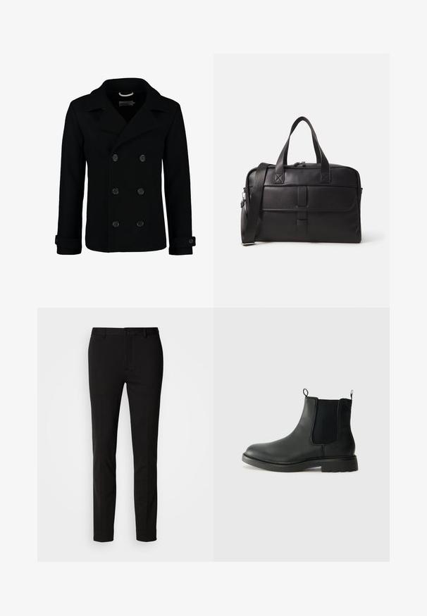 Černý dvouvrstvý peeling z vlny, s klopovým límcem, velkými knoflíky a ohrnutými manžetami. Hladký materiál s přizpůsobeným střihem.; Světle šedý dlouhý rukávový svetr s kulatým výstřihem, s žebrovaným lemem u krku, zápěstí a spodního okraje, položený na bílé pozadí.; Černé kalhoty s úzkým střihem, s knoflíkovým zapínáním a očky na opasek. Vyrobené z hladké látky s mírným leskem, bez viditelných vzorů.; Černé kožené chelsea boty s elastickými bočními panely, poutky na patě, kulatou špičkou a strukturovanou gumovou podrážkou. Hladký povrch a robustní design.; Černá kožená cestovní taška, která má dvojité ucha, nastavitelné ramenní pouzdro, zipy a obdélníkový tvar s hladkým povrchem.