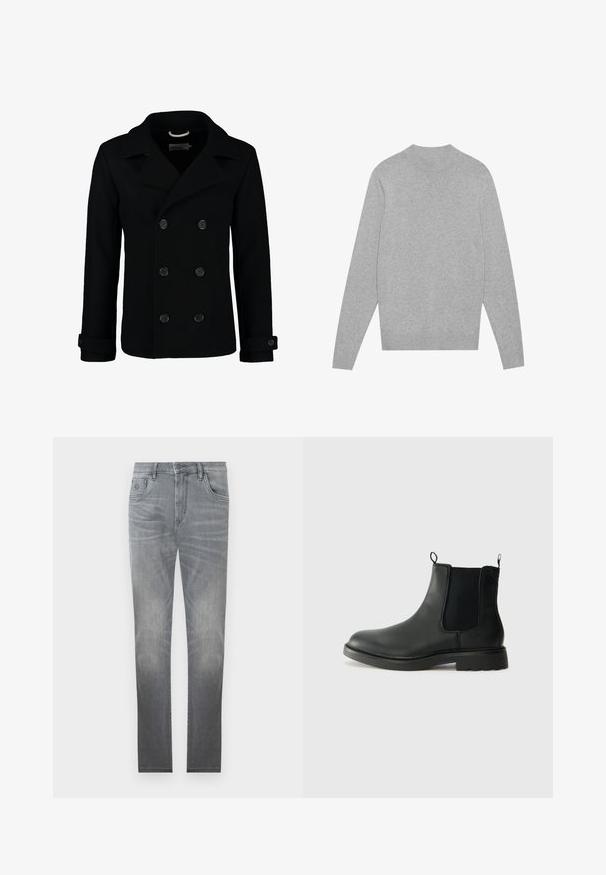 Melnas divkrūšu jūras mētelis, kas izgatavots no vilnas, ar izgrieztu apkakli, lieliem pogām un sarullētām piedurknēm. Gluda tekstūra ar piegriezumu, kas labi piekļaujas.; Gai pelēks garas piedurknes jumta džemperis ar ribotām apkakli, aprocēm un apakšmalu, izklāts uz balta fona.; Pelēki denim džinsi ar izbalējušu dizainu, piecu kabatu stils, pogu aizdare un taisna kāju forma. Gluda tekstūra ar nelielu nodilumu malās.; Melnas ādas Chelsea zābaki ar elastīgām sānu daļām, vilkšanas cilpām, noapaļotu purngalu un teksturētu gumijas zoli. Gluda virsma un izturīga konstrukcija.