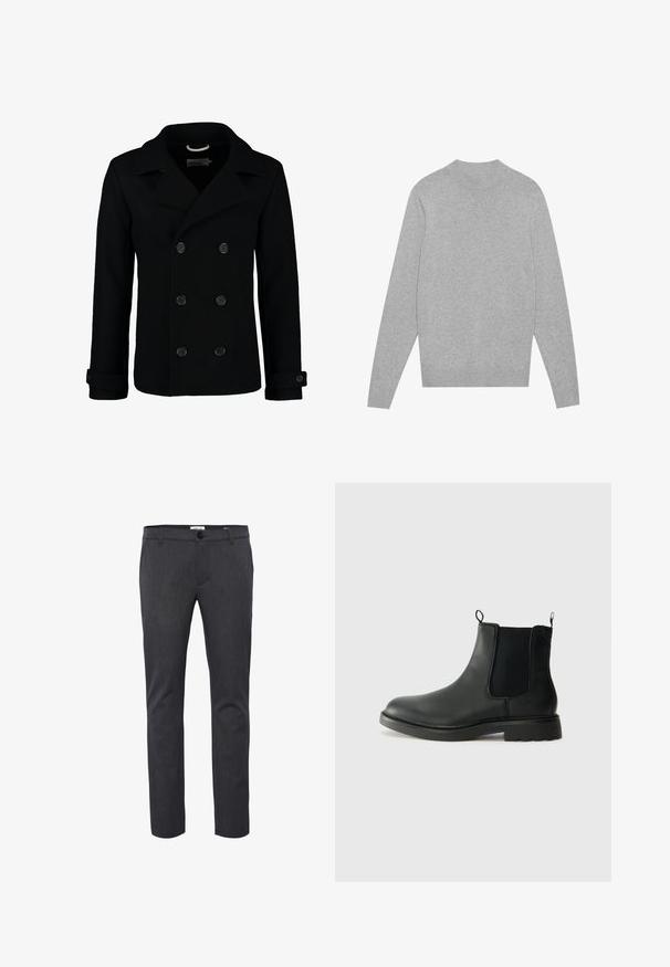 Fekete, dupla soros gyapjú peacoat, amelyet egy bemetszett gallér, nagy gombok és felgöngyölt mandzsetta jellemez. Sima textúra és testreszabott szabás.; Világosszürke, hosszú ujjú, kerek nyakú pulóver bordás gallérral, mandzsettával és alsó szegéllyel, fehér háttérre fektetve.; Sötétszürke, karcsú fazonú nadrág textúrált anyagból, gombos zárással, övhurkokkal és oldalsó zsebekkel a praktikus használat érdekében.; Fekete bőrből készült chelsea csizma, elasztikus oldalsó panelekkel, húzófülekkel, lekerekített orral és struktúrált gumitalppal. Simább felszín és masszív kialakítás.