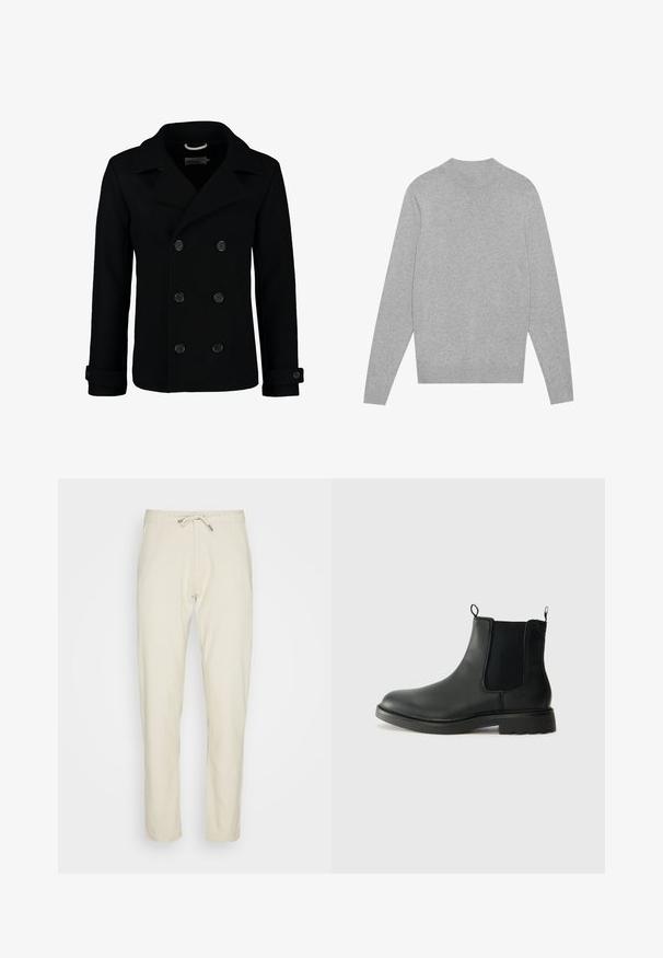 Black double-breasted peacoat made of wool, featuring a notched collar, large buttons, and rolled cuffs. Smooth texture with a tailored fit.; Light grey long-sleeve crewneck sweater with ribbed collar, cuffs, and hem, laid flat on a white background.; Beige trousers made from lightweight fabric, featuring a drawstring waist, tapered fit, and straight legs with a smooth texture.; Black leather chelsea boots with elastic side panels, pull tabs, rounded toe, and textured rubber sole. Smooth surface and sturdy design.