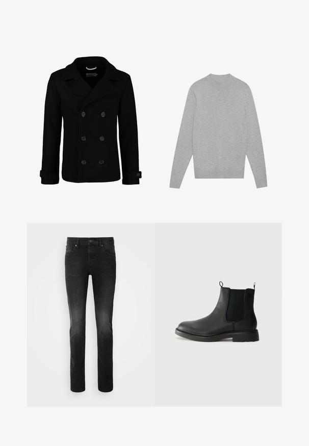 Must kasvut ja materjalist villane must kahekordse nööbiga peacoat, millel on lõigatud krae, suured nööbid ja keeratud varrukad. Sile tekstuur ja istuvus.; Heled hall sweater pikkade varrukatega ja ümarate kaelustega, ribadest krae, varrukaotsad ja alumine äär, asetatud tasasele valgele taustale.; Mustast denimist valmistatud sirge lõikega teksad, millel on nööp sulgur, viis taskut ja kergelt tuhmunud efekt kangal.; Mustad mustad Chelsea saapad elastsete külgpaneelidega, tõmbevalmidus, ümara ninaga ja tekstureeritud kummitald. Sile pind ja vastupidav disain.