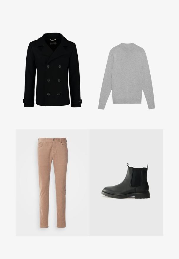 Abrigo de lana negro de doble botonadura, con cuello de muesca, grandes botones y puños enrollados. Textura suave con un corte ajustado.; Suéter de cuello redondo de manga larga en gris claro, con cuello, puños y dobladillo acanalados, colocado sobre un fondo blanco.; Pantalones de pana de color marrón claro con un diseño de pierna recta, que cuentan con dos bolsillos frontales, un cierre de botón y una suave textura acanalada.; Botas Chelsea de cuero negro con paneles laterales elásticos, lengüetas para tirar, puntera redondeada y suela de goma texturizada. Superficie lisa y diseño robusto.