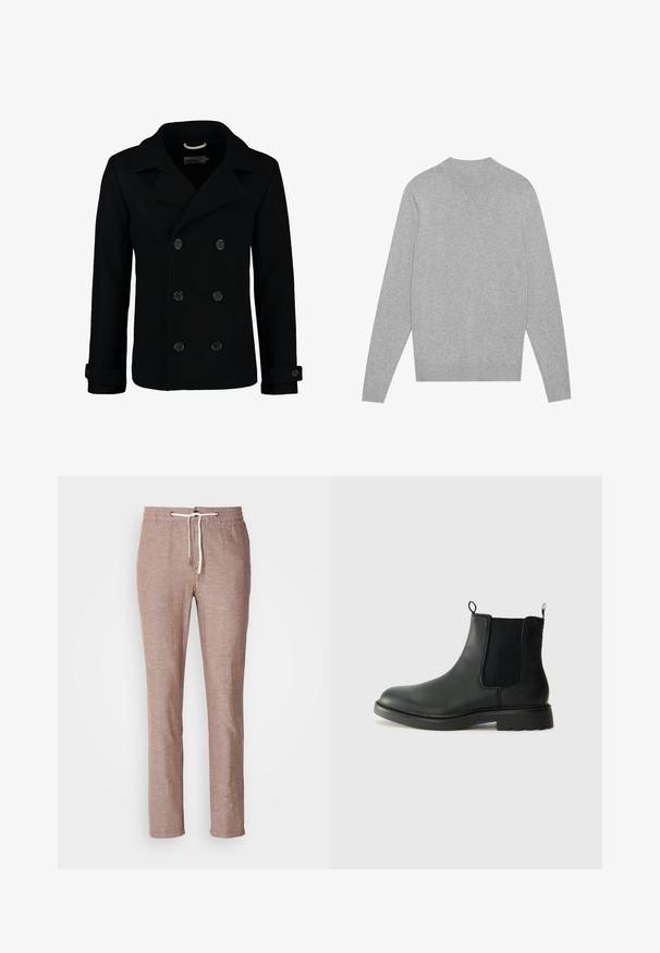 Zwarte dubbelbreasted peacoat van wol, met een notch-kraag, grote knopen en oprolbare mouwen. Glad textuur met een getailleerde pasvorm.; Lichtgrijze langarm crewneck sweater met ribbelkraag, manchetten en zoom, plat gelegd op een witte achtergrond.; Lichtbruine linnen broek met een trekkoord in de taille, recht gesneden pijpen en een licht gestructureerd oppervlak. Geen extra zakken of versieringen.; Zwarte leren chelsea boots met elastische zijpanelen, trekflappen, ronde neus en een gegoten rubberen zool. Gladde oppervlakte en stevige constructie.