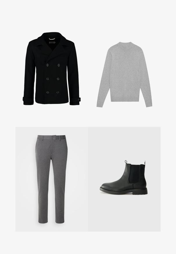 Črn dvoredni peacoat iz volne, ki ima izrezan ovratnik, velike gumbe in zavihane manšete. Gladka tekstura s krojenim prileganjem.; Svetlo sivo dolgi rokavi pulover s krožnim izrezom, z rebrastim ovratnikom, manšetami in robom, položen na beli podlagi.; Sive prilagojene hlače iz mehke tkanine z gladko teksturo, sprednjimi žepi in zapiranjem z enim gumbom na pasu.; Črne usnjene čelija škornji z elastičnimi stranskimi paneli, zanka za poteg in zaobljenim nosom ter teksturiranim gumijastim podplatom. Gladka površina in trdna zasnova.