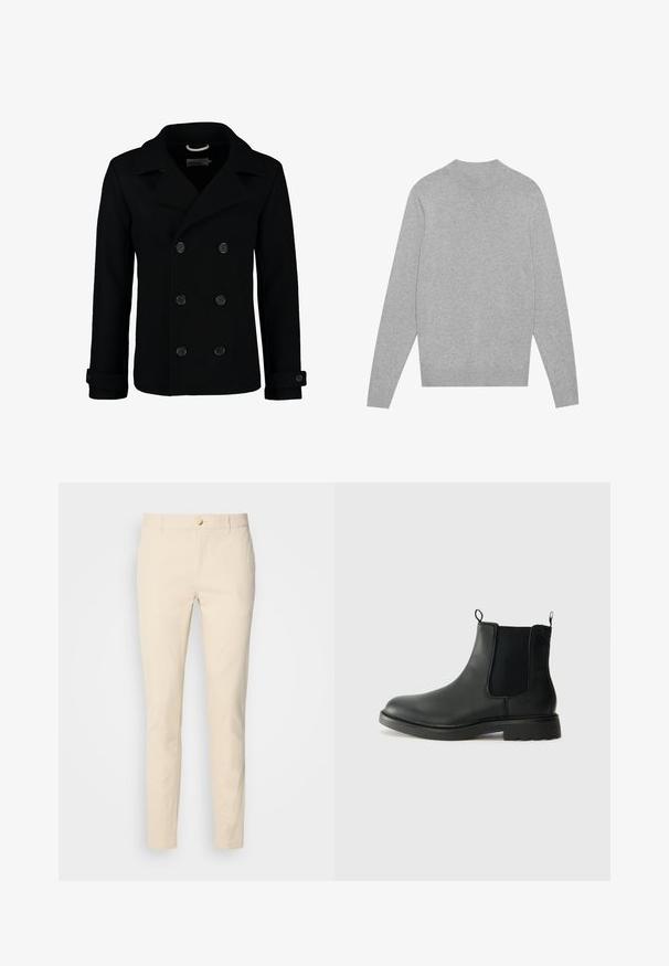 Manteau marin noir croisé en laine, avec un col à cranter, de grands boutons et des poignets retroussés. Texture lisse avec une coupe cintrée.; Pull en jersey à manches longues gris clair avec col, poignets et ourlet côtelés, posé à plat sur un fond blanc.; Scotch & Soda ESSENTIAL MOTT - Chino - parchment; Bottines Chelsea en cuir noir avec des panneaux élastiques sur les côtés, des languettes de tirage, un bout arrondi et une semelle en caoutchouc texturée. Surface lisse et design robuste.