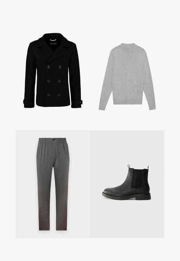 Svart dobbelspent pea-coat laget av ull, med hakelapp, store knapper og rullede mansjetter. Smooth tekstur med en skreddersydd passform.; Lys grå langermet crewneck-genser med ribbet krage, mansjetter og nederkant, lagt flatt på en hvit bakgrunn.; Grå bukser med en skreddersydd design, som har strikk i midjen, knappelukking og rette ben; laget av mykt, teksturert stoff.; Sorte skinn Chelsea-støvler med elastiske sidepaneler, hemper, rund tå og teksturert gummisåle. Glatt overflate og robust design.