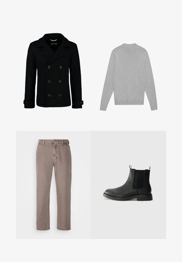 Sort dobbeltradet peacoat lavet af uld, med en klippet krave, store knapper og opsmøgede ærmer. Glat tekstur med en skræddersyet pasform.; Lys grå langærmet crewneck sweater med ribbet krave, manchetter og kant, lagt fladt på en hvid baggrund.; Brune, lige bukser lavet af blød bomuldsblanding. Har en knaplukning, bæltestropper og sidelommer. Minimalistisk design.; Sorte læder chelsea støvler med elastiske sidepaneler, trækflapper, rund tå og tekstureret gummisål. Glat overflade og robust design.