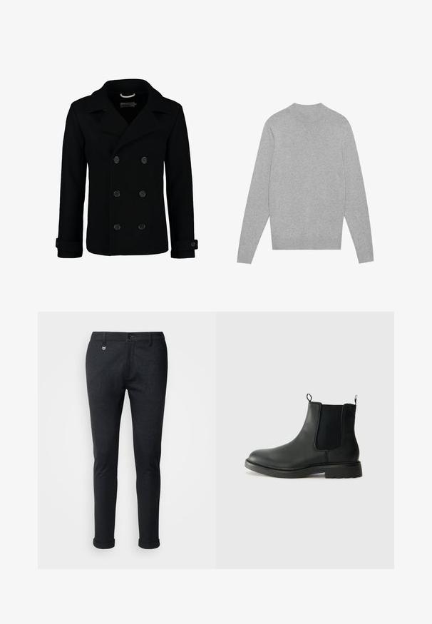 Peacoat preto de dupla face, confeccionado em lã, com gola partida, botões grandes e punhos dobrados. Textura suave com um ajuste entalhado.; Suéter de manga longa cinza claro com gola, punhos e barramento canelados, deitado sobre um fundo branco.; Calças pretas com um padrão texturizado, corte slim, bolsos frontais e fecho com um único botão. Bainhas dobradas para um visual ajustado.; Botas Chelsea em couro preto com painéis laterais elásticos, alças de puxar, bico arredondado e solado de borracha texturizada. Superfície lisa e design robusto.