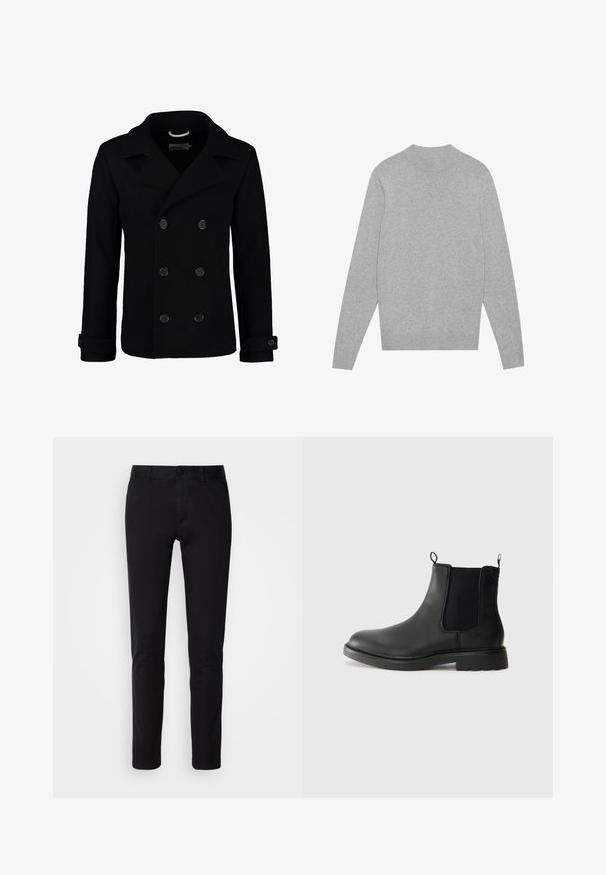 Juodas dvigubas vilnonis paltas su išpjovą, dideliais mygtukais ir sulenktais rankovėmis. Lygi tekstūra su pritaikytu siluetu.; Šviesiai pilkas ilgomis rankovėmis megztinis su apvali iškirpte, su ripsu ant kaklo, rankogalių ir apatinės dalies, išdėstytas plokščiai ant balto fono.; Juodos kelnės, pagamintos iš lygaus medvilnės audinio, turinčios tiesaus kirpimo dizainą, priekinėmis kišenėmis, mygtuko uždarymu ir švariu apdaila.; Juodos odinės Chelsea botai su elastingais šonų įdėklais, traukimo kilpomis, suapvalintu pirštu ir tekstūruotu guminio pado paviršiumi. Lygus paviršius ir tvirtas dizainas.