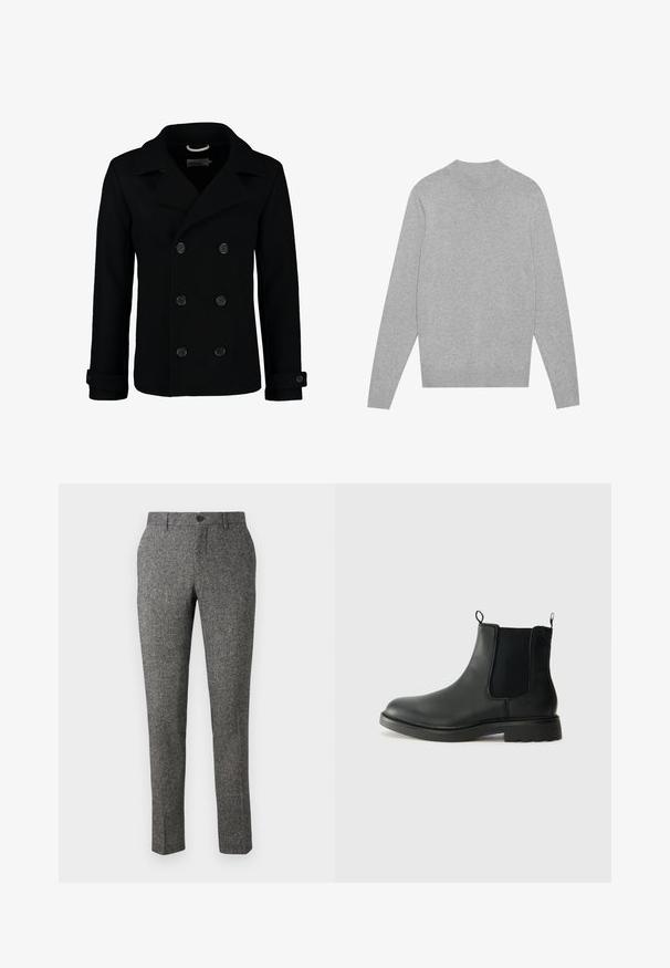 Juodas dvigubas vilnonis paltas su išpjovą, dideliais mygtukais ir sulenktais rankovėmis. Lygi tekstūra su pritaikytu siluetu.; Šviesiai pilkas ilgomis rankovėmis megztinis su apvali iškirpte, su ripsu ant kaklo, rankogalių ir apatinės dalies, išdėstytas plokščiai ant balto fono.; Lindbergh PANTS - Kelnės - brown; Juodos odinės Chelsea botai su elastingais šonų įdėklais, traukimo kilpomis, suapvalintu pirštu ir tekstūruotu guminio pado paviršiumi. Lygus paviršius ir tvirtas dizainas.