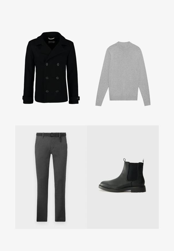 Juodas dvigubas vilnonis paltas su išpjovą, dideliais mygtukais ir sulenktais rankovėmis. Lygi tekstūra su pritaikytu siluetu.; Šviesiai pilkas ilgomis rankovėmis megztinis su apvali iškirpte, su ripsu ant kaklo, rankogalių ir apatinės dalies, išdėstytas plokščiai ant balto fono.; Tamsiai pilki kelnių pagaminti iš tekstūruoto audinio, su juoda diržu, diržo kilpomis ir dviem šoninėmis kišenėmis. Tiesus kojų dizainas, be matomų raštų.; Juodos odinės Chelsea botai su elastingais šonų įdėklais, traukimo kilpomis, suapvalintu pirštu ir tekstūruotu guminio pado paviršiumi. Lygus paviršius ir tvirtas dizainas.