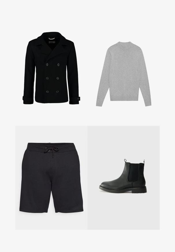 Black double-breasted peacoat made of wool, featuring a notched collar, large buttons, and rolled cuffs. Smooth texture with a tailored fit.; Light grey long-sleeve crewneck sweater with ribbed collar, cuffs, and hem, laid flat on a white background.; Black cotton shorts with an elastic waistband and drawstring. Features side pockets and a smooth texture with stitched seams.; Black leather chelsea boots with elastic side panels, pull tabs, rounded toe, and textured rubber sole. Smooth surface and sturdy design.