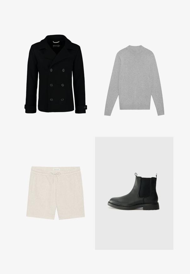 Sort dobbeltradet peacoat lavet af uld, med en klippet krave, store knapper og opsmøgede ærmer. Glat tekstur med en skræddersyet pasform.; Lys grå langærmet crewneck sweater med ribbet krave, manchetter og kant, lagt fladt på en hvid baggrund.; Lys beige shorts lavet af blødt materiale, med snor i taljen, sidelommer og en subtil spottet tekstur.; Sorte læder chelsea støvler med elastiske sidepaneler, trækflapper, rund tå og tekstureret gummisål. Glat overflade og robust design.