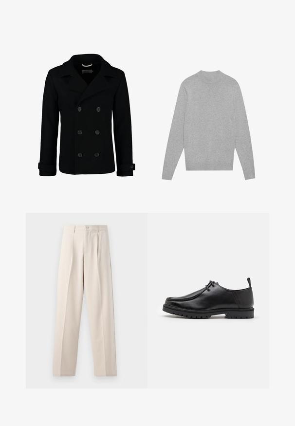 Manteau marin noir croisé en laine, avec un col à cranter, de grands boutons et des poignets retroussés. Texture lisse avec une coupe cintrée.; Pull en jersey à manches longues gris clair avec col, poignets et ourlet côtelés, posé à plat sur un fond blanc.; Pantalons larges beige en tissu lisse, avec un pli avant, fermeture à un bouton et ourlet soigné.; Chaussure en cuir noir à lacets avec une semelle robuste et une languette au talon, montrée de côté sur un fond blanc.