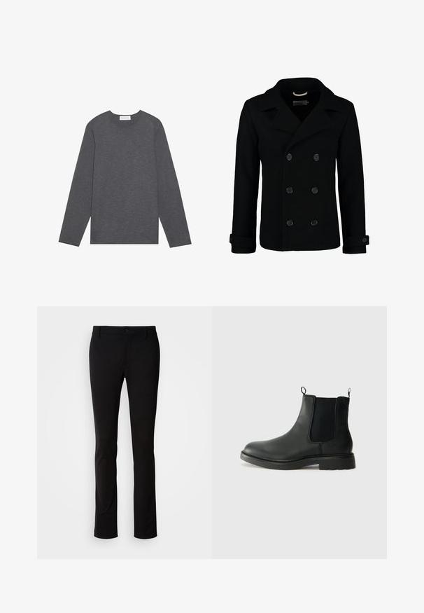Peacoat preto de dupla face, confeccionado em lã, com gola partida, botões grandes e punhos dobrados. Textura suave com um ajuste entalhado.; T-shirt cinza de mangas longas, feito de um tecido suave, com um decote redondo e um ajuste descontraído, sem logótipos ou padrões visíveis.; Calças pretas feitas de um tecido liso, com fecho de botão, passantes para cinto e um design de perna reta. Sem padrões ou acentos visíveis.; Botas Chelsea em couro preto com painéis laterais elásticos, alças de puxar, bico arredondado e solado de borracha texturizada. Superfície lisa e design robusto.