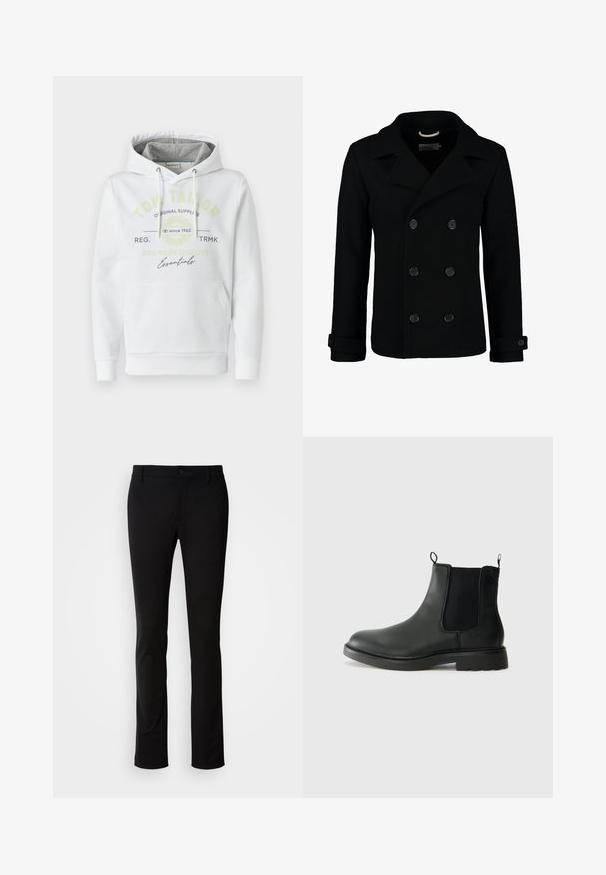 Schwarzer doppelt geknöpfter Peacoat aus Wolle, mit einem Reverskragen, großen Knöpfen und umgeschlagenen Manschetten. Glatte Textur mit taillierter Passform.; Weißer Hoodie aus weichem Material mit einer Fronttasche, featuring einer grau gefütterten Kapuze und dem aufgedruckten Markenlogo in Grün und Schwarz.; Schwarze Hose aus glattem Stoff, mit Knopfverschluss, Gürtelschlaufen und geradem Bein. Keine sichtbaren Muster oder Akzente.; Schwarze Leder-Chelsea-Stiefel mit elastischen Seitenelementen, Zuglaschen, runder Spitze und profiliertem Gummisohle. Glatte Oberfläche und robuste Bauweise.