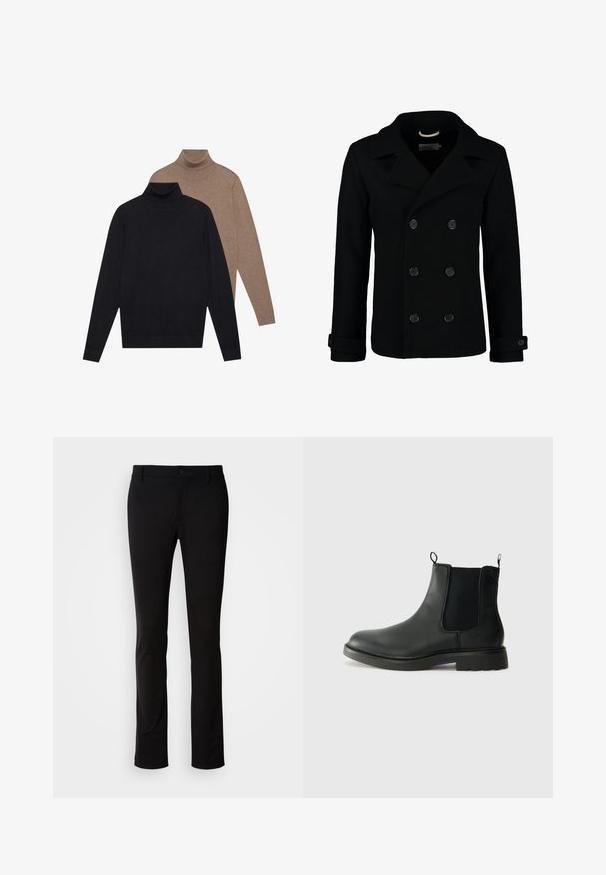 Black double-breasted peacoat made of wool, featuring a notched collar, large buttons, and rolled cuffs. Smooth texture with a tailored fit.; Two long-sleeve turtleneck sweaters, one in black and one in light brown, made of soft knit fabric with a fitted design and ribbed cuffs.; Black trousers made of smooth fabric, featuring a button closure, belt loops, and a straight-leg design. No visible patterns or accents.; Black leather chelsea boots with elastic side panels, pull tabs, rounded toe, and textured rubber sole. Smooth surface and sturdy design.