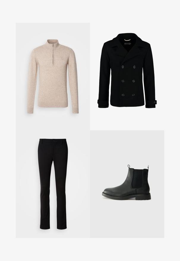 Musta kaksirivinen meriviitta, joka on valmistettu villasta. Siinä on viisto kaulus, isot napit ja käärityt hihansuut. Sen pinta on sileä ja se on muotoiltu istuvaksi.; INDICODE JEANS Neule - beige mix; Mustat housut, jotka on valmistettu sileästä kankaasta, mukana napin sulkeminen, vyölenkit ja suora lahje design. Ei näkyviä kuvioita tai yksityiskohtia.; Mustat nahkaiset Chelsea-saappaat, joissa on joustavat sivupaneelit, vetolenkit, pyöristetyt varpaat ja teksturoitu kumipohja. Sileä pinta ja kestävä muotoilu.