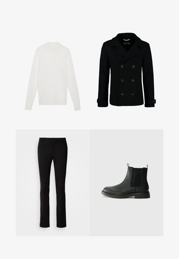 Cappotto doppiopetto nero realizzato in lana, con colletto a revers, grandi bottoni e polsini arrotolati. Texture liscia con una vestibilità sartoriale.; Maglione bianco con collo alto, maniche lunghe e polsini e orlo a coste. Realizzato in un morbido tessuto a maglia. Design semplice e aderente.; Pantaloni neri realizzati in tessuto liscio, con chiusura a bottone, passanti per la cintura e design a gamba dritta. Nessun motivo o accento visibile.; Stivali Chelsea in pelle nera con pannelli laterali elasticizzati, linguette, punta arrotondata e suola in gomma testurizzata. Superficie liscia e design robusto.