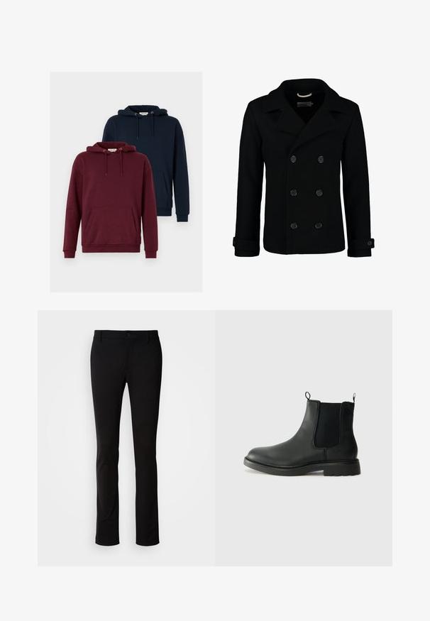 Schwarzer doppelt geknöpfter Peacoat aus Wolle, mit einem Reverskragen, großen Knöpfen und umgeschlagenen Manschetten. Glatte Textur mit taillierter Passform.; Zwei Kapuzenpullis: einer in Burgunderrot und einer in Marineblau. Beide verfügen über eine vordere Kängurutasche, eine verstellbare Kapuze, gerippte Bündchen und eine weiche Stoffstruktur.; Schwarze Hose aus glattem Stoff, mit Knopfverschluss, Gürtelschlaufen und geradem Bein. Keine sichtbaren Muster oder Akzente.; Schwarze Leder-Chelsea-Stiefel mit elastischen Seitenelementen, Zuglaschen, runder Spitze und profiliertem Gummisohle. Glatte Oberfläche und robuste Bauweise.
