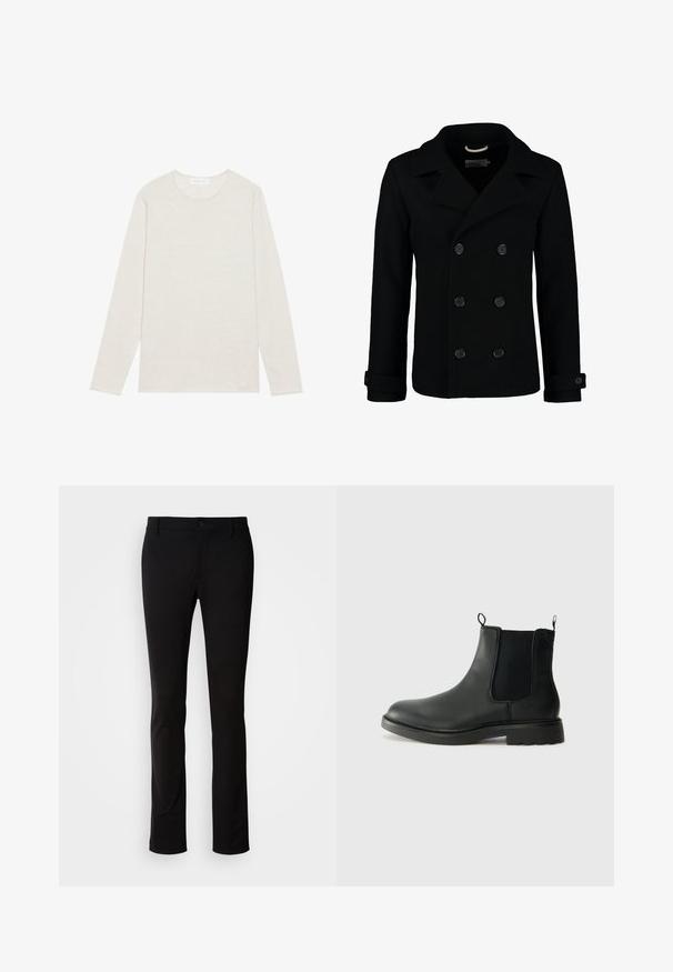 Manteau marin noir croisé en laine, avec un col à cranter, de grands boutons et des poignets retroussés. Texture lisse avec une coupe cintrée.; T-shirt crème à manches longues en tissu tricoté doux. Présente un col rond et une coupe décontractée sans motifs ni accents visibles.; Pantalon noir en tissu lisse, avec fermeture à bouton, passants de ceinture et coupe droite. Aucun motif ni accent visible.; Bottines Chelsea en cuir noir avec des panneaux élastiques sur les côtés, des languettes de tirage, un bout arrondi et une semelle en caoutchouc texturée. Surface lisse et design robuste.