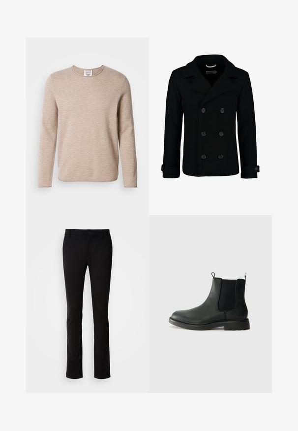 Čierny dvojradový kabát z vlny s klopovým golierom, veľkými gombíkmi a rolovanými manžetami. Hladká textura a prispôsobený strih.; Bežový sveter s dlhým rukávom vyrobený z mäkkého materiálu s okrúhlym výstrihom a rovnými okrajmi. Obsahuje textúrované pletenie a minimalistický dizajn.; Čierne nohavice z hladkej tkaniny, s gombíkovým zapínaním, pútkami na opasok a rovnými nohavicami. Žiadne viditeľné vzory ani akcenty.; Čierne kožené chelsea čižmy s elastickými bočnými panelmi, uškami na ťahanie, zaoblenou špičkou a textúrovanou gumovou podrážkou. Hladký povrch a pevná konštrukcia.