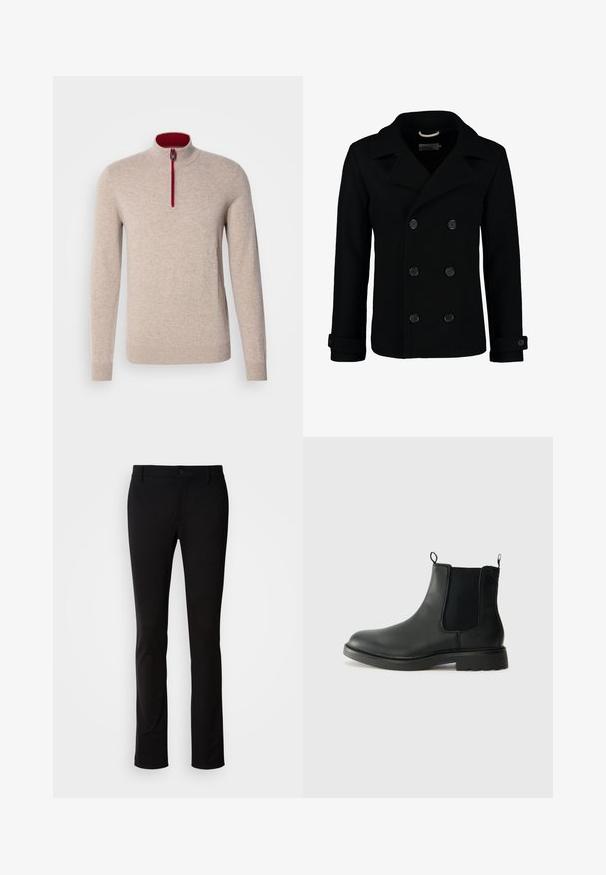 Black double-breasted peacoat made of wool, featuring a notched collar, large buttons, and rolled cuffs. Smooth texture with a tailored fit.; Beige pullover sweater with a high collar and a short zipper. Features red accents along the zipper and a smooth, soft texture.; Black trousers made of smooth fabric, featuring a button closure, belt loops, and a straight-leg design. No visible patterns or accents.; Black leather chelsea boots with elastic side panels, pull tabs, rounded toe, and textured rubber sole. Smooth surface and sturdy design.