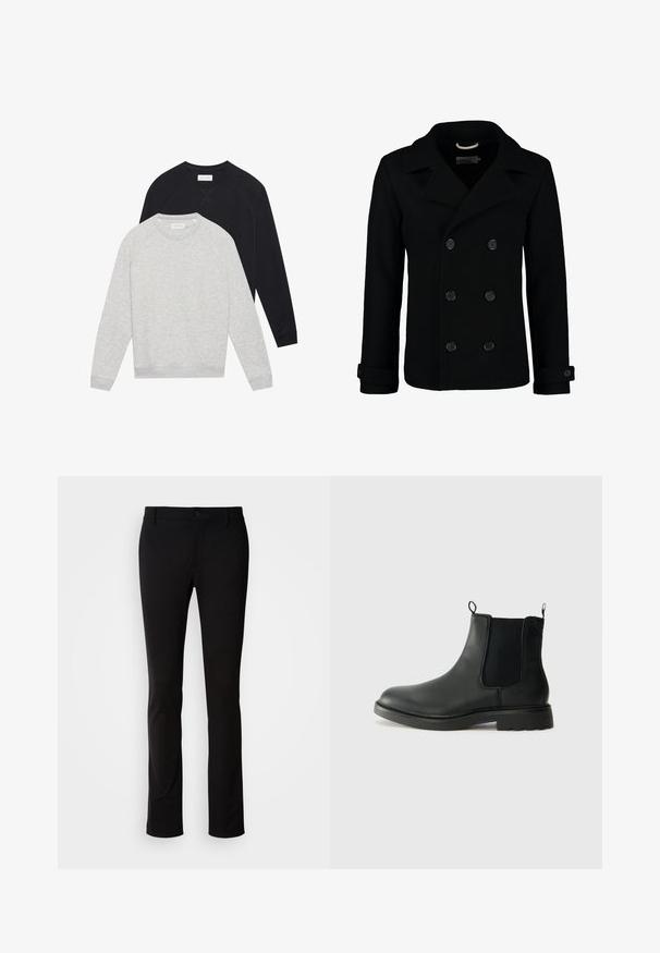 Črn dvoredni peacoat iz volne, ki ima izrezan ovratnik, velike gumbe in zavihane manšete. Gladka tekstura s krojenim prileganjem.; Dve dolge majice s kratkimi rokavi, ena svetlo siva položena spredaj nad eno črno, obe z rebrastimi manšeti in robom.; Črne hlače iz gladkega materiala, z gumbom za zapiranje, zankami za pas in ravnim krojem. Brez vidnih vzorcev ali dodatkov.; Črne usnjene čelija škornji z elastičnimi stranskimi paneli, zanka za poteg in zaobljenim nosom ter teksturiranim gumijastim podplatom. Gladka površina in trdna zasnova.