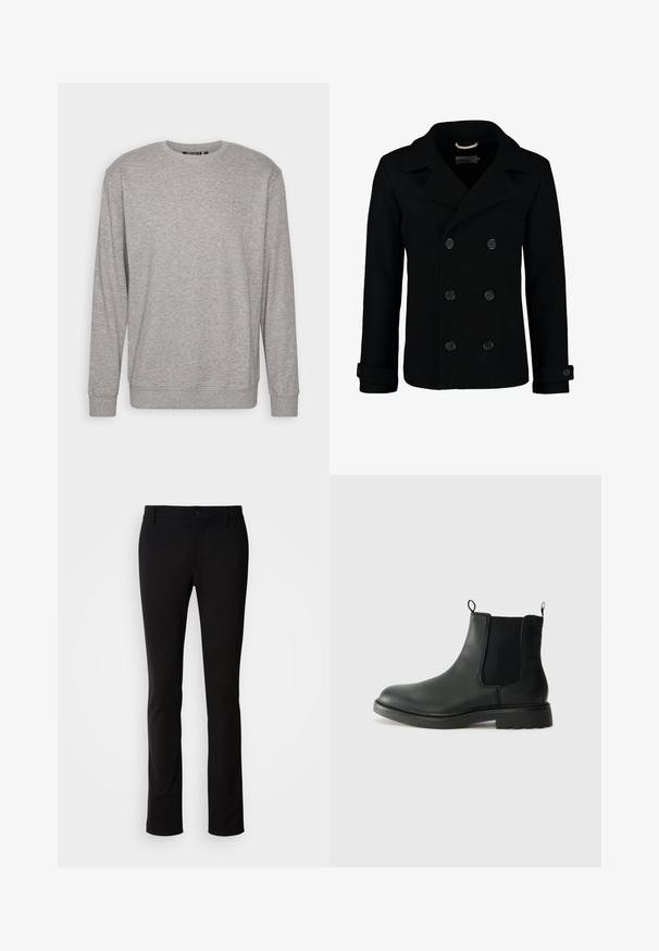 Čierny dvojradový kabát z vlny s klopovým golierom, veľkými gombíkmi a rolovanými manžetami. Hladká textura a prispôsobený strih.; Svetlosivý sveter s dlhými rukávmi, okrúhlym výstrihom, rebrovanými manžetami a spodným okrajom. Obsahuje jemné logo v hornej ľavej oblasti hrudi.; Čierne nohavice z hladkej tkaniny, s gombíkovým zapínaním, pútkami na opasok a rovnými nohavicami. Žiadne viditeľné vzory ani akcenty.; Čierne kožené chelsea čižmy s elastickými bočnými panelmi, uškami na ťahanie, zaoblenou špičkou a textúrovanou gumovou podrážkou. Hladký povrch a pevná konštrukcia.