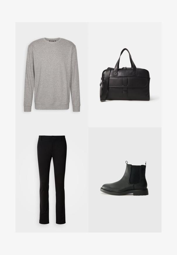 Musta kaksirivinen meriviitta, joka on valmistettu villasta. Siinä on viisto kaulus, isot napit ja käärityt hihansuut. Sen pinta on sileä ja se on muotoiltu istuvaksi.; Vaaleanharmaa pitkähihaisia huppari, jossa on pyöreä kaula-aukko, ribbireunat hihoissa ja alahelmassa. Sisältää huomaamattoman logon vasemmassa rintakehässä.; Mustat housut, jotka on valmistettu sileästä kankaasta, mukana napin sulkeminen, vyölenkit ja suora lahje design. Ei näkyviä kuvioita tai yksityiskohtia.; Mustat nahkaiset Chelsea-saappaat, joissa on joustavat sivupaneelit, vetolenkit, pyöristetyt varpaat ja teksturoitu kumipohja. Sileä pinta ja kestävä muotoilu.; Musta nahkainen viikonloppulaukku, jossa on kaksinkertaiset kahvat, säädettävä olkahihna, vetoketjut ja suorakulmainen muoto, jossa on tasainen pinta.