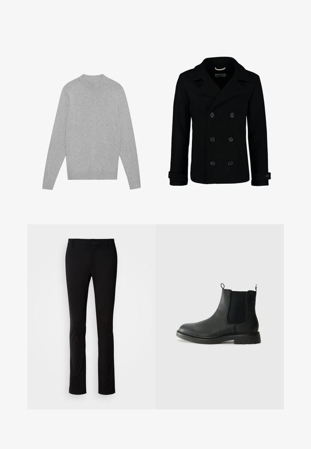 Must kasvut ja materjalist villane must kahekordse nööbiga peacoat, millel on lõigatud krae, suured nööbid ja keeratud varrukad. Sile tekstuur ja istuvus.; Heled hall sweater pikkade varrukatega ja ümarate kaelustega, ribadest krae, varrukaotsad ja alumine äär, asetatud tasasele valgele taustale.; Mustadest siledast kangast püksidest, mis on varustatud nööpkinni ja vöörihmadega, otse säärtega kujunduses. Ilma nähtavate mustrite ja aktsentideta.; Mustad mustad Chelsea saapad elastsete külgpaneelidega, tõmbevalmidus, ümara ninaga ja tekstureeritud kummitald. Sile pind ja vastupidav disain.
