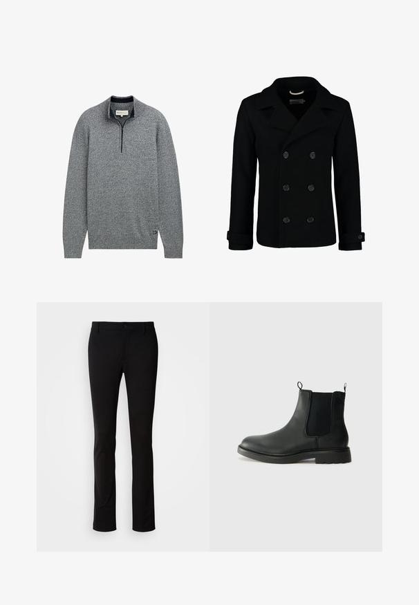 Svart dubbelknäppt sjömansrock i ull, med skalkrage, stora knappar och uppvikta ärmslut. Slät textur med en skräddarsydd passform.; Grå tröja med dragkedja i kragen, med ett texturerat stickat mönster och en blå accent i fållen med en logodetalj.; Svarta byxor i slät väv, med knappstängning, bältesbälten och rak bendesign. Inga synliga mönster eller detaljer.; Svarta läder Chelsea-boots med elastiska sidopaneler, dragflikar, rundad tå och texturerad gummisula. Slät yta och robust design.