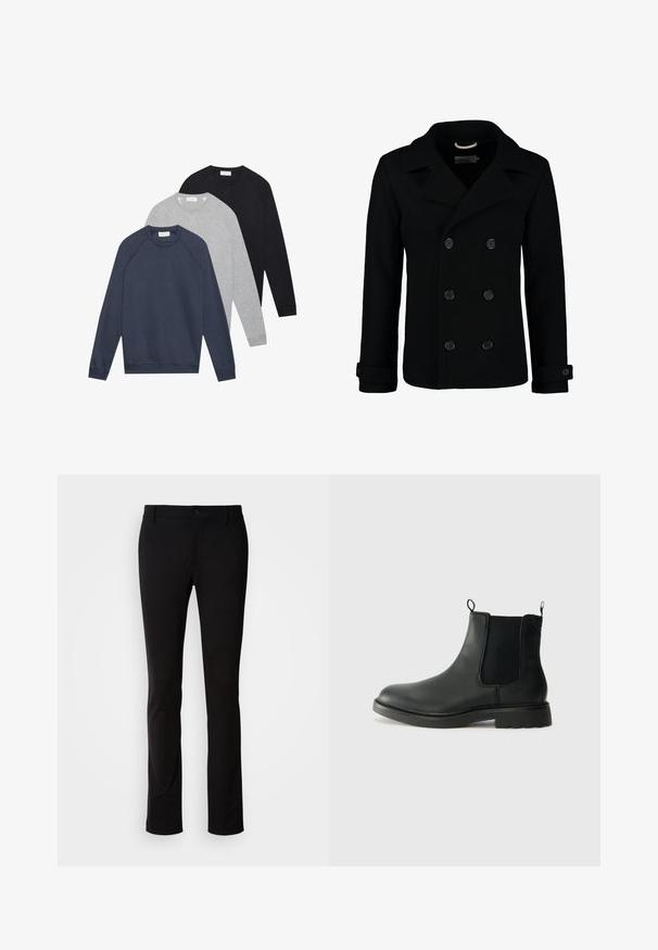 Black double-breasted peacoat made of wool, featuring a notched collar, large buttons, and rolled cuffs. Smooth texture with a tailored fit.; Three long-sleeve crewneck sweatshirts in navy, light gray, and black, layered and laid flat on a white background.; Black trousers made of smooth fabric, featuring a button closure, belt loops, and a straight-leg design. No visible patterns or accents.; Black leather chelsea boots with elastic side panels, pull tabs, rounded toe, and textured rubber sole. Smooth surface and sturdy design.