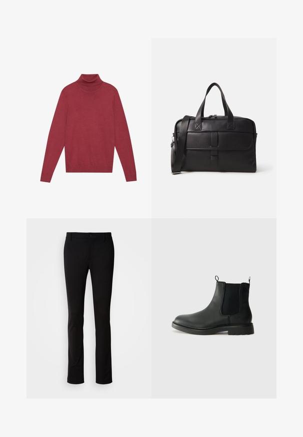 Czarny dwurzędowy płaszcz typu peacoat wykonany z wełny, z wyłamią kołnierzem, dużymi guzikami i podwiniętymi mankietami. Gładka tekstura z dopasowanym krojem.; Czerwony sweter typu golf wykonan z miękkiej dzianiny. Posiada długie rękawy i dopasowany krój. Gładka tekstura bez widocznych wzorów czy elementów metalowych.; Czarne spodnie wykonane z gładkiego materiału, z zapięciem na guzik, paskiem i prostymi nogawkami. Brak widocznych wzorów lub akcentów.; Czarne skórzane botki typu chelsea z elastycznymi panelami bocznymi, uchwytami, okrągłym noskiem i teksturowaną gumową podeszwą. Gładka powierzchnia i solidna konstrukcja.; Czarna skórzana torba weekendowa, z podwójnymi uchwytami, regulowanym paskiem na ramię, zamkami błyskawicznymi oraz prostokątnym kształtem i gładką teksturą.