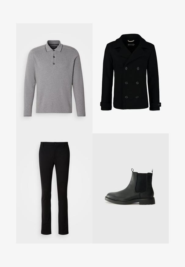 Cappotto doppiopetto nero realizzato in lana, con colletto a revers, grandi bottoni e polsini arrotolati. Texture liscia con una vestibilità sartoriale.; Polo shirt grigio a maniche lunghe con una patta a tre bottoni, rifinitura del colletto in contrasto e finitura in tessuto texturizzato.; Pantaloni neri realizzati in tessuto liscio, con chiusura a bottone, passanti per la cintura e design a gamba dritta. Nessun motivo o accento visibile.; Stivali Chelsea in pelle nera con pannelli laterali elasticizzati, linguette, punta arrotondata e suola in gomma testurizzata. Superficie liscia e design robusto.