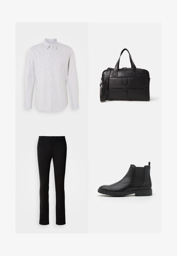Czarny dwurzędowy płaszcz typu peacoat wykonany z wełny, z wyłamią kołnierzem, dużymi guzikami i podwiniętymi mankietami. Gładka tekstura z dopasowanym krojem.; Biała koszula z długim rękawem i kołnierzykiem, w wąskie niebieskie paski, z zapinanym przodem i małym logo na piersi.; Czarne spodnie wykonane z gładkiego materiału, z zapięciem na guzik, paskiem i prostymi nogawkami. Brak widocznych wzorów lub akcentów.; Czarne skórzane botki typu Chelsea z elastycznymi panelami bocznymi i uchwytem, z zaokrąglonym noskiem i teksturowaną gumową podeszwą.; Czarna skórzana torba weekendowa, z podwójnymi uchwytami, regulowanym paskiem na ramię, zamkami błyskawicznymi oraz prostokątnym kształtem i gładką teksturą.