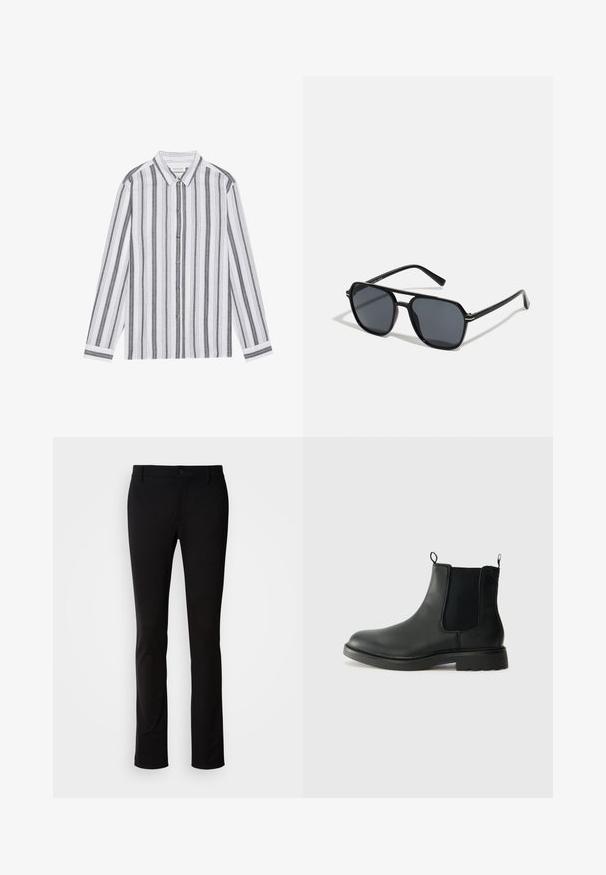 Musta kaksirivinen meriviitta, joka on valmistettu villasta. Siinä on viisto kaulus, isot napit ja käärityt hihansuut. Sen pinta on sileä ja se on muotoiltu istuvaksi.; Pitkähihaista nappipaitaa valkoisena, jossa on mustia pystysuoria raitoja. Valmistettu kevyestä kankaasta, jossa on klassinen kaulus ja hihansuut.; Mustat housut, jotka on valmistettu sileästä kankaasta, mukana napin sulkeminen, vyölenkit ja suora lahje design. Ei näkyviä kuvioita tai yksityiskohtia.; Mustat nahkaiset Chelsea-saappaat, joissa on joustavat sivupaneelit, vetolenkit, pyöristetyt varpaat ja teksturoitu kumipohja. Sileä pinta ja kestävä muotoilu.; Musta aurinkolasit, joissa on oktaalinen kehys, tummat linssit, kiiltävä pinta, ohuet templesit ja kultaiset yksityiskohdat etupuolella.